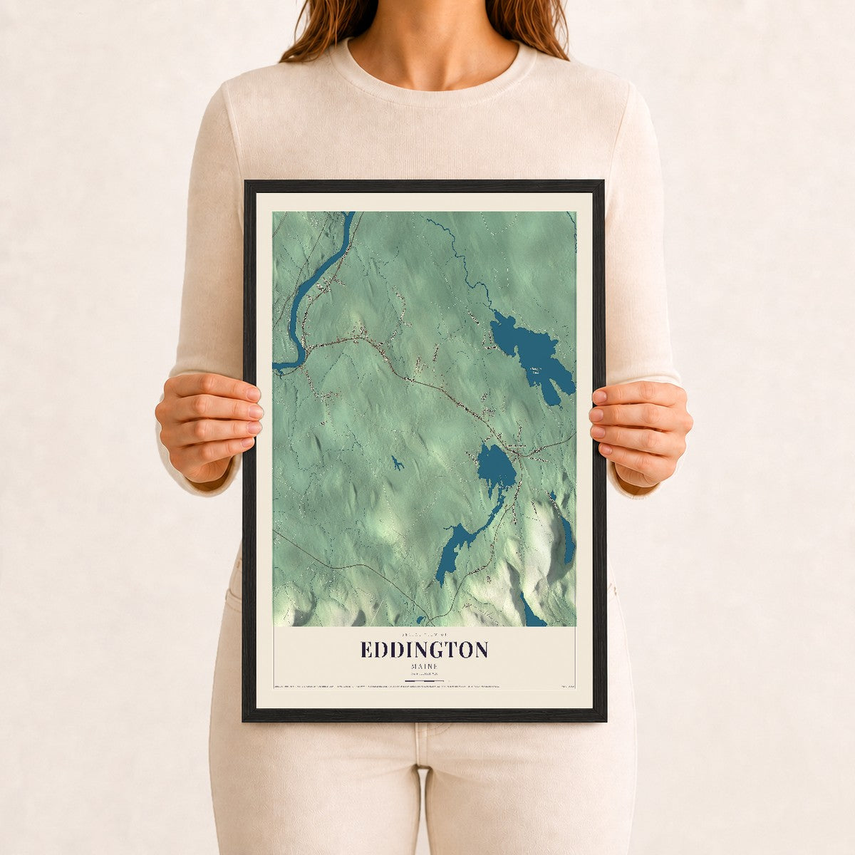 Eddington, Maine map print - 12 x 18 black Ayous wood frame