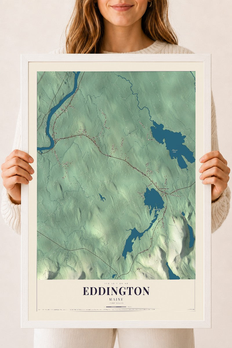 Eddington, Maine map print - 18 x 24 white Ayous wood frame