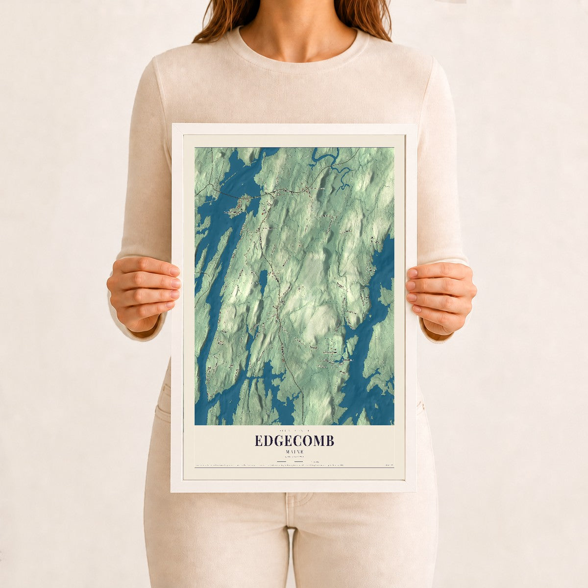 Edgecomb, Maine map print - 12 x 18 white Ayous wood frame