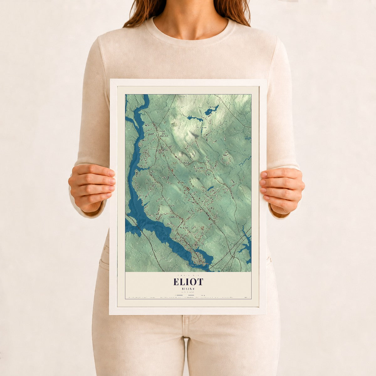 Eliot, Maine map print - 12 x 18 white Ayous wood frame
