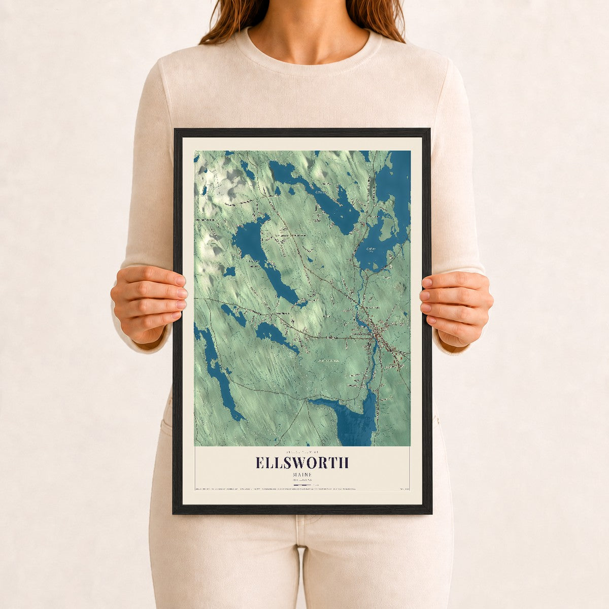 Ellsworth, Maine map print - 12 x 18 black Ayous wood frame