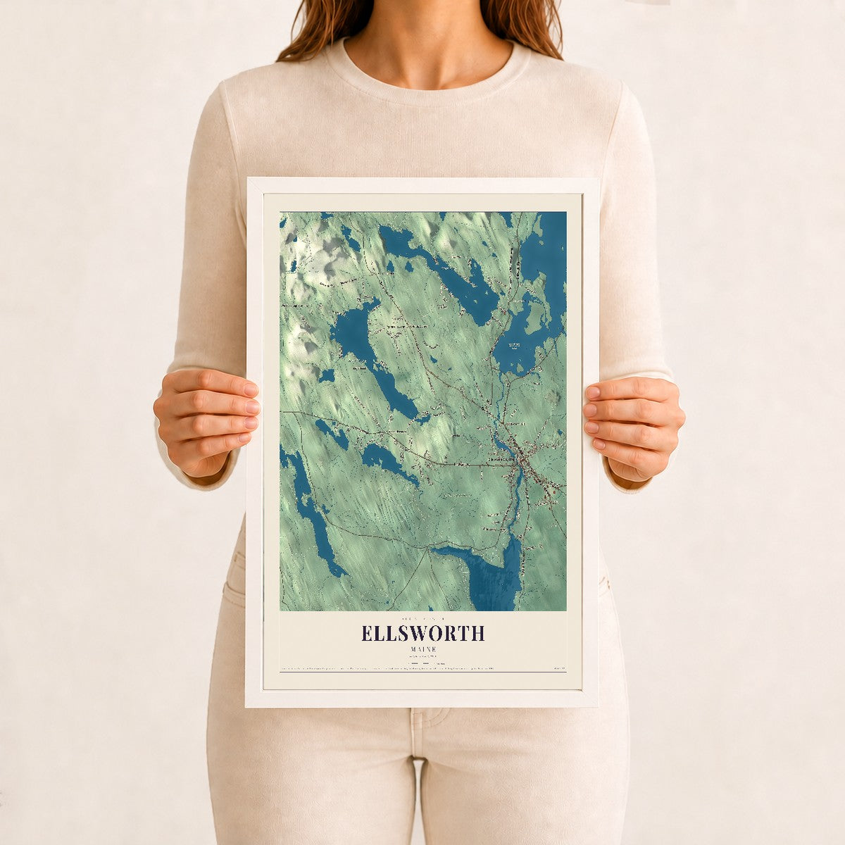 Ellsworth, Maine map print - 12 x 18 white Ayous wood frame