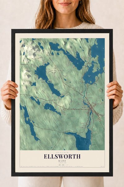 Ellsworth, Maine map print - 18 x 24 black Ayous wood frame