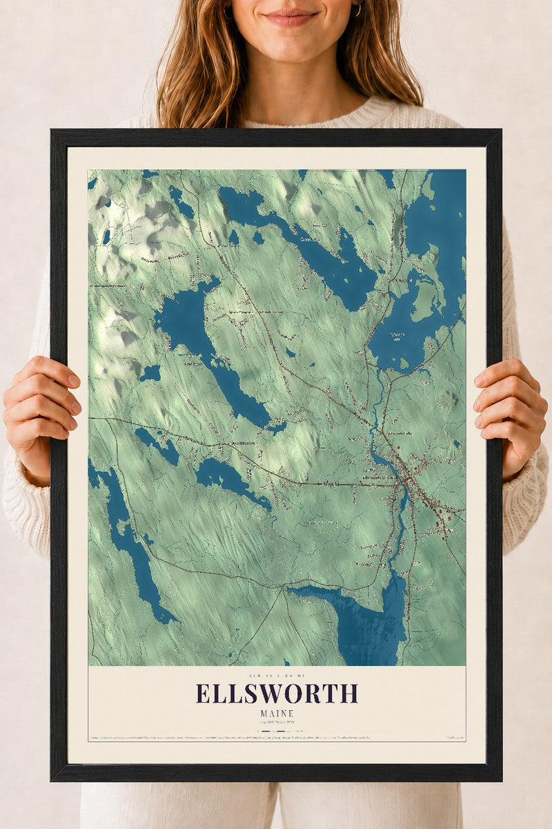 Ellsworth, Maine map print - 18 x 24 black Ayous wood frame