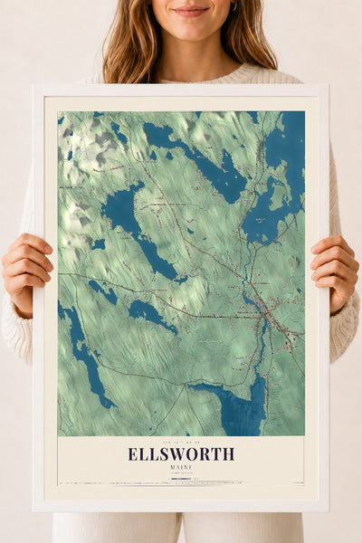 Ellsworth, Maine map print - 18 x 24 white Ayous wood frame