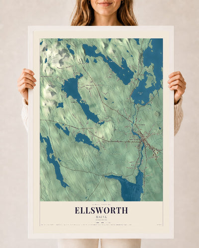 Ellsworth, Maine map print - 24 x 36 white Ayous wood frame