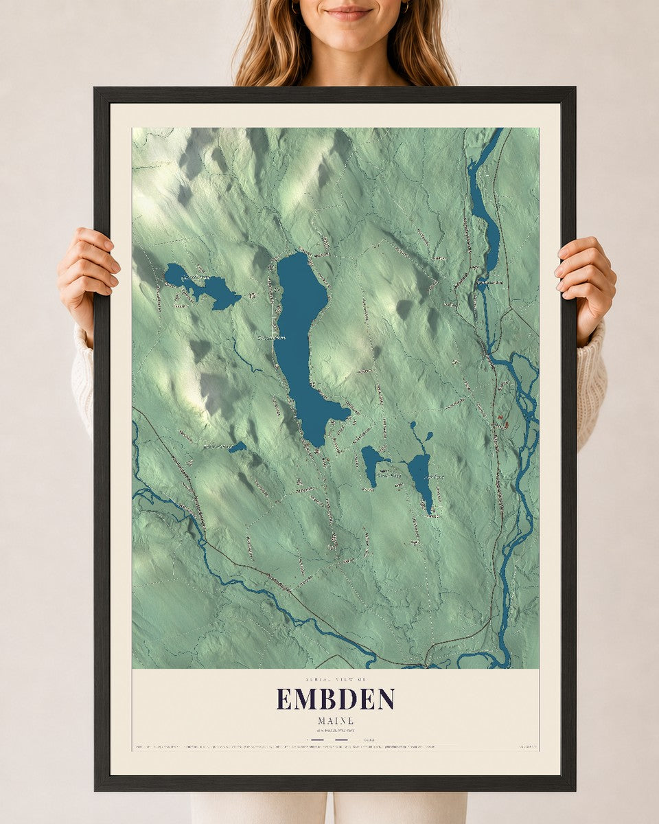 Embden, Maine map print - 24 x 36 black Ayous wood frame