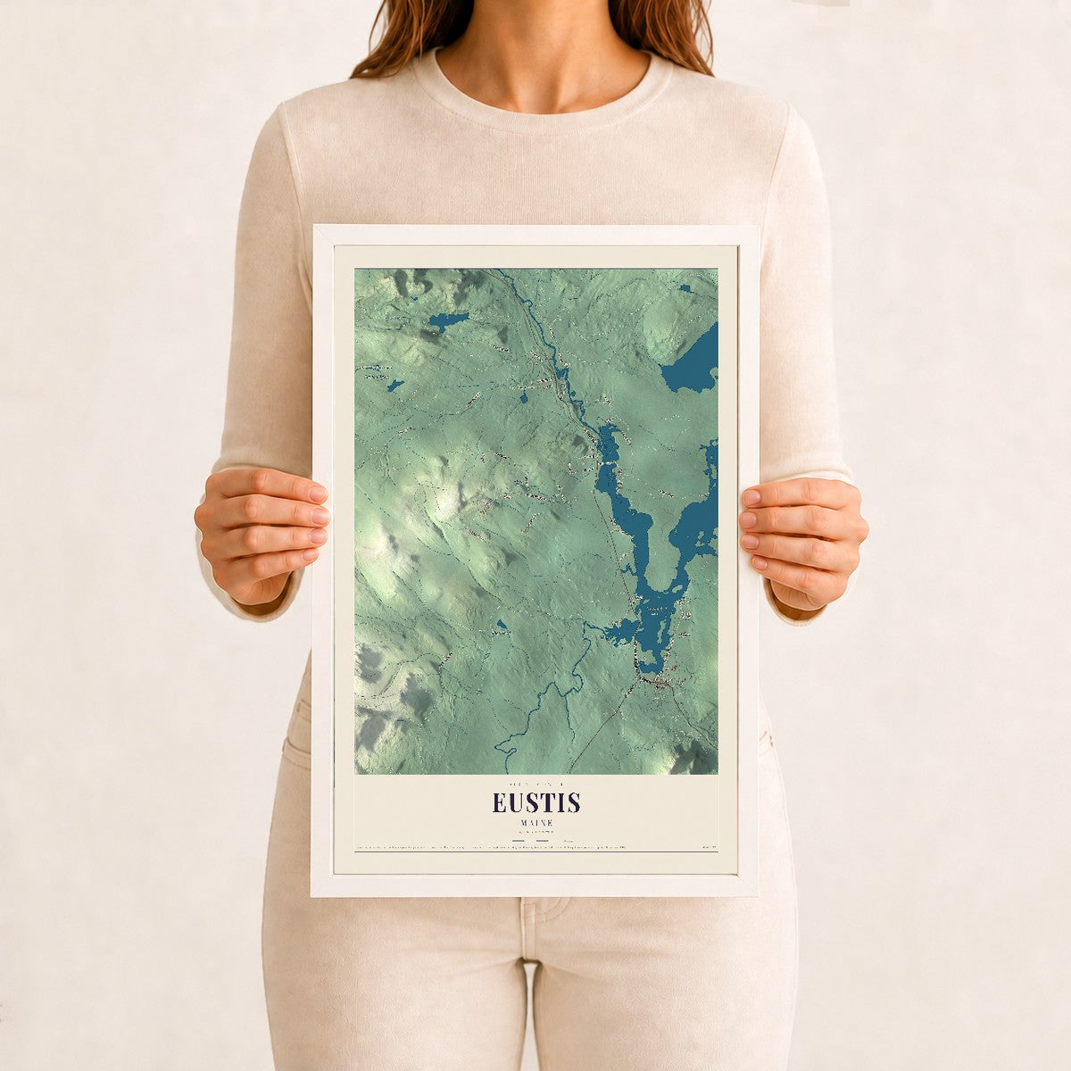 Eustis, Maine map print - 12 x 18 white Ayous wood frame