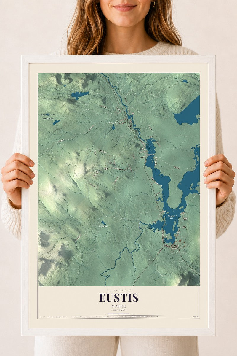 Eustis, Maine map print - 18 x 24 white Ayous wood frame