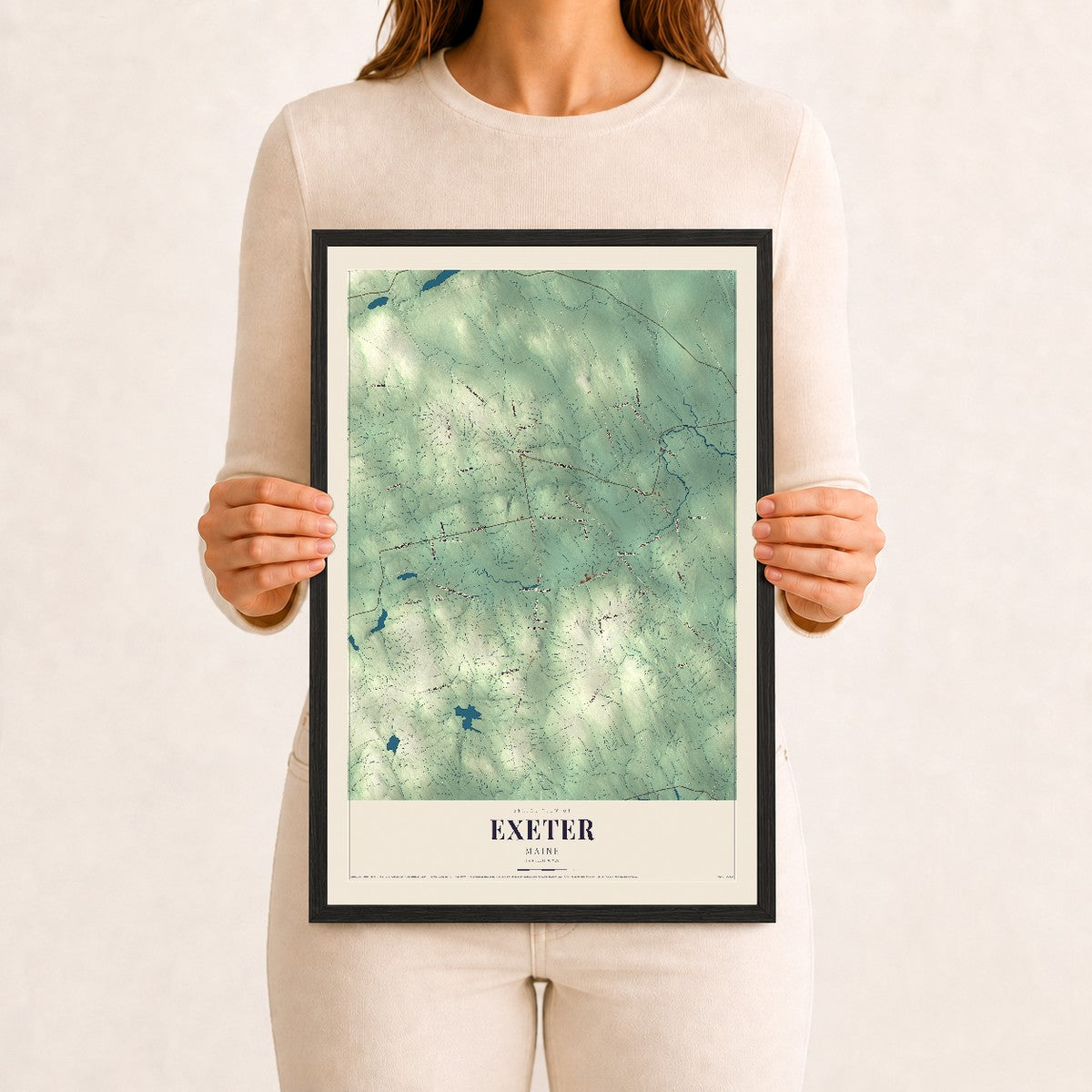 Exeter, Maine map print - 12 x 18 black Ayous wood frame