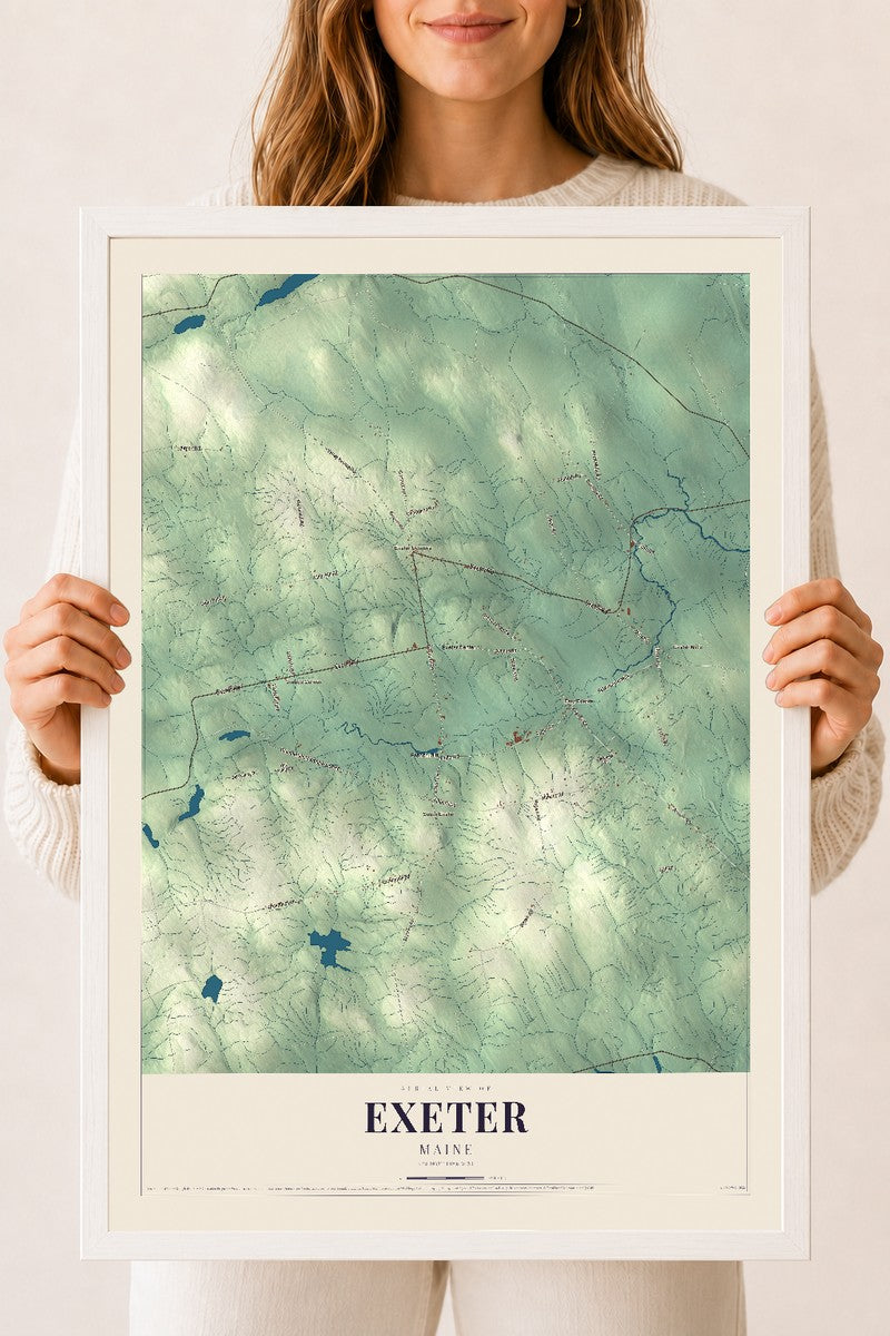 Exeter, Maine map print - 18 x 24 white Ayous wood frame
