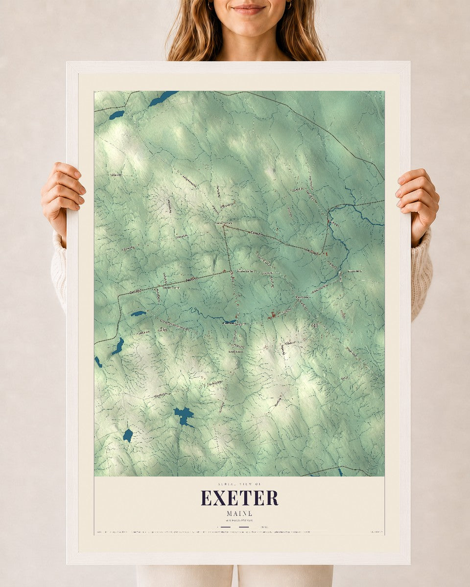 Exeter, Maine map print - 24 x 36 white Ayous wood frame