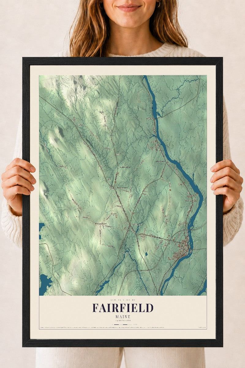 Fairfield, Maine map print - 18 x 24 black Ayous wood frame