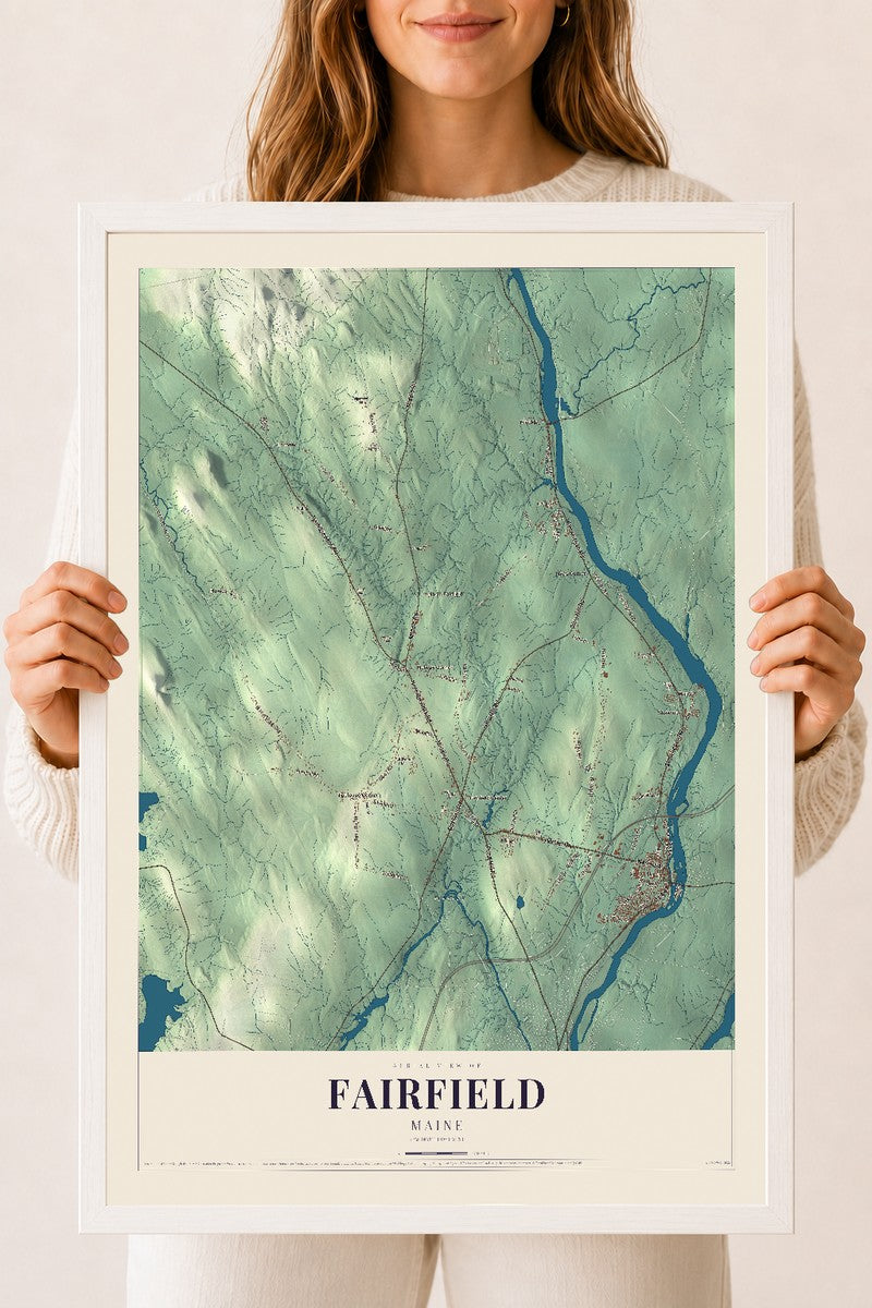 Fairfield, Maine map print - 18 x 24 white Ayous wood frame