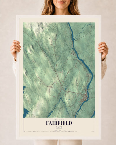 Fairfield, Maine map print - 24 x 36 white Ayous wood frame