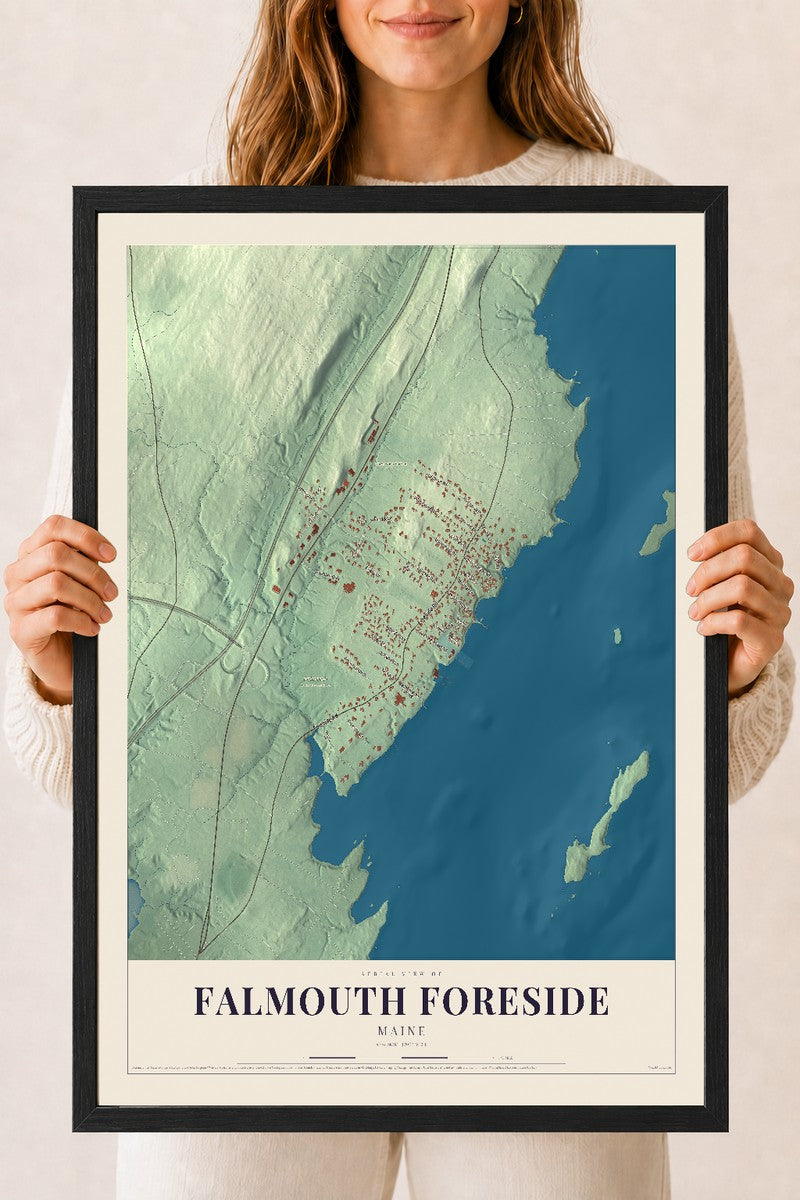 Falmouth Foreside, Maine map print - 18 x 24 black Ayous wood frame