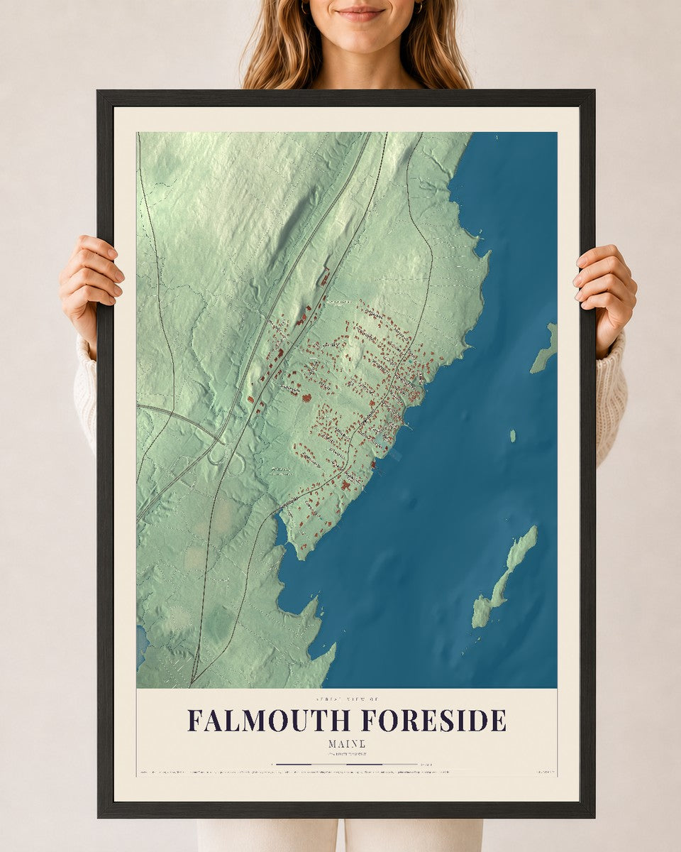 Falmouth Foreside, Maine map print - 24 x 36 black Ayous wood frame