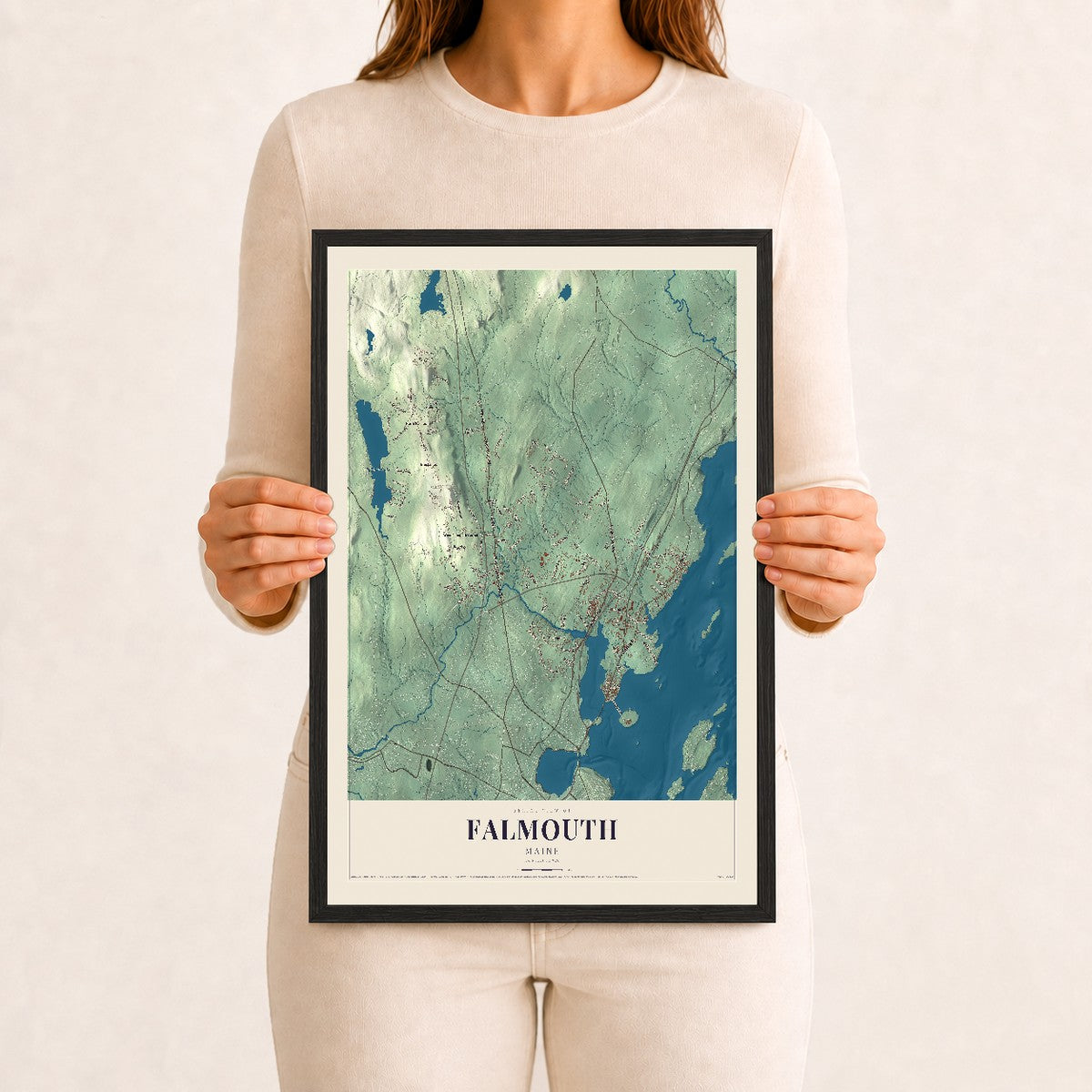 Falmouth, Maine map print - 12 x 18 black Ayous wood frame