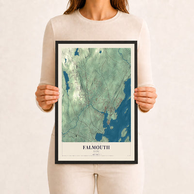 Falmouth, Maine map print - 12 x 18 black Ayous wood frame