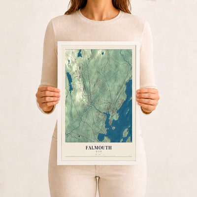 Falmouth, Maine map print - 12 x 18 white Ayous wood frame