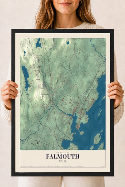 Falmouth, Maine map print - 18 x 24 black Ayous wood frame