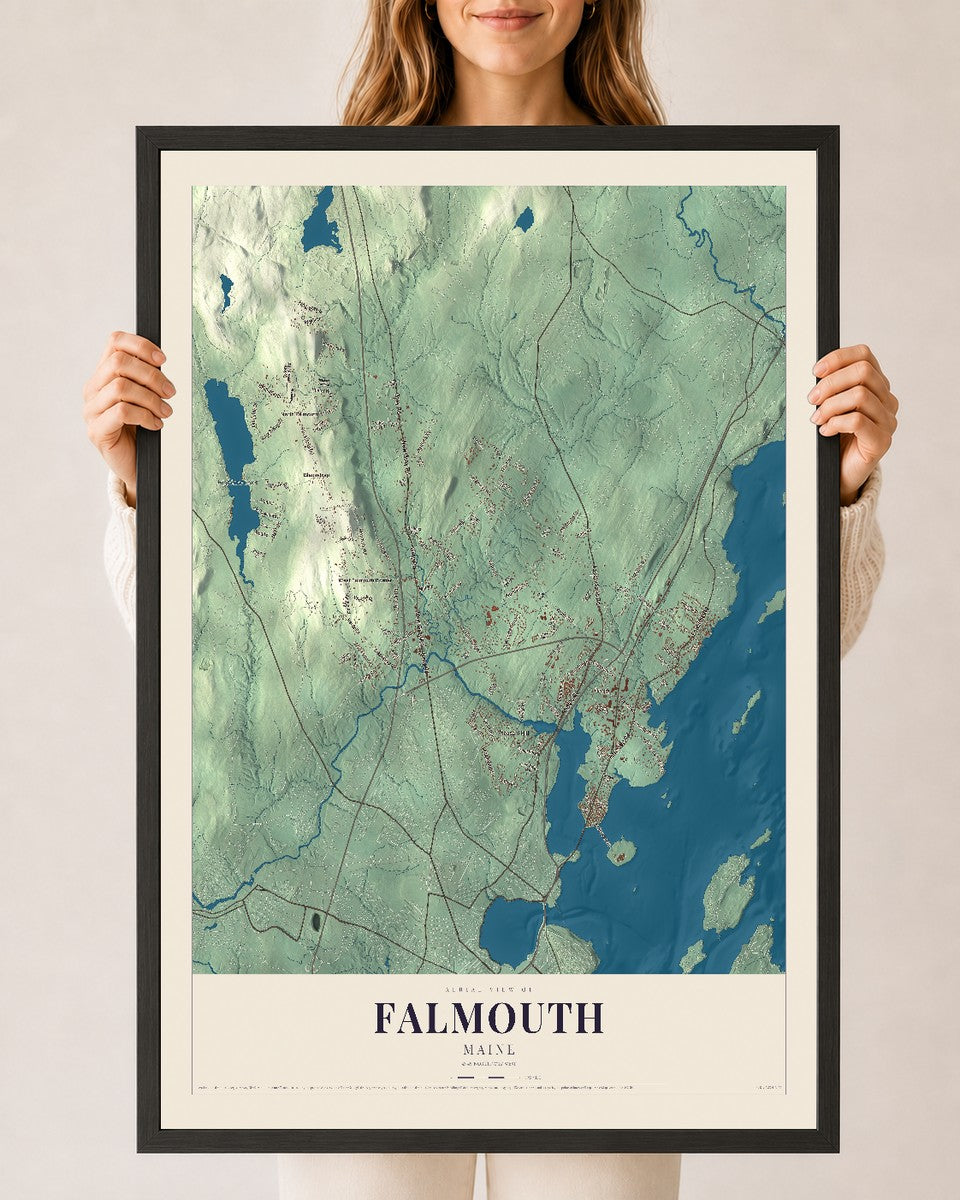 Falmouth, Maine map print - 24 x 36 black Ayous wood frame