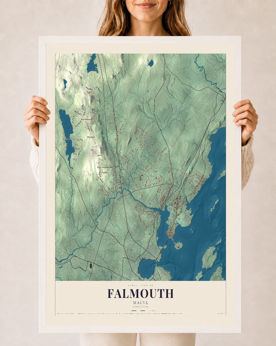 Falmouth, Maine map print - 24 x 36 white Ayous wood frame