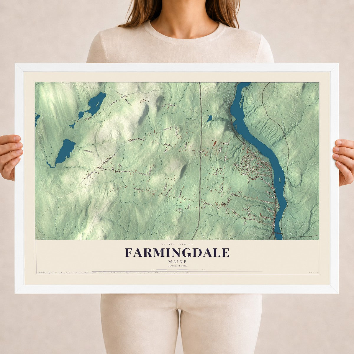 Farmingdale, Maine map print - 18 x 24 white Ayous wood frame