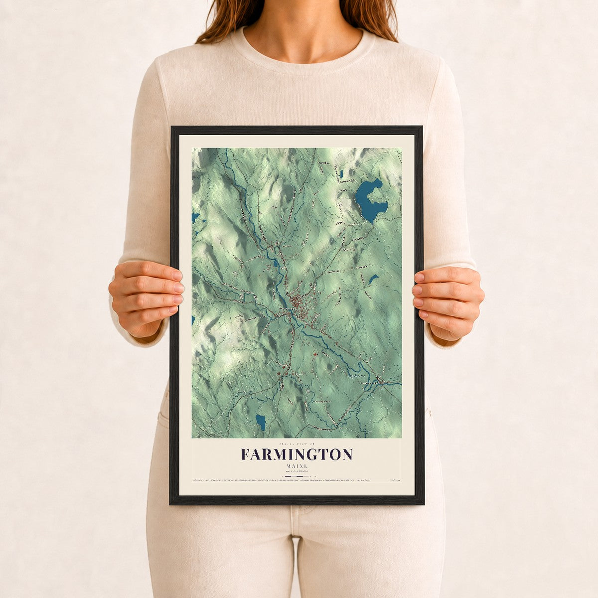 Farmington, Maine map print - 12 x 18 black Ayous wood frame