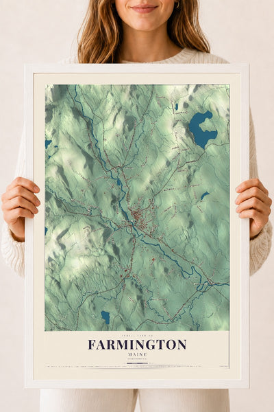 Farmington, Maine map print - 18 x 24 white Ayous wood frame