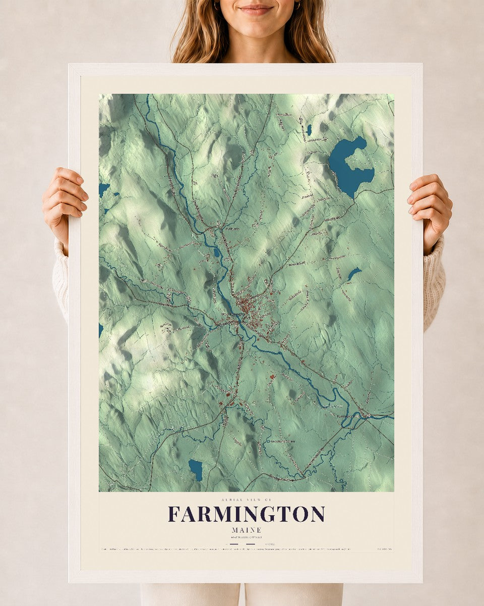 Farmington, Maine map print - 24 x 36 white Ayous wood frame