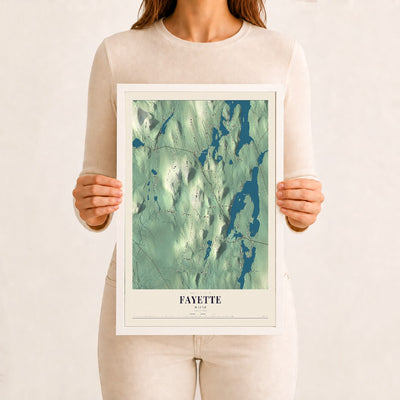 Fayette, Maine map print - 12 x 18 white Ayous wood frame