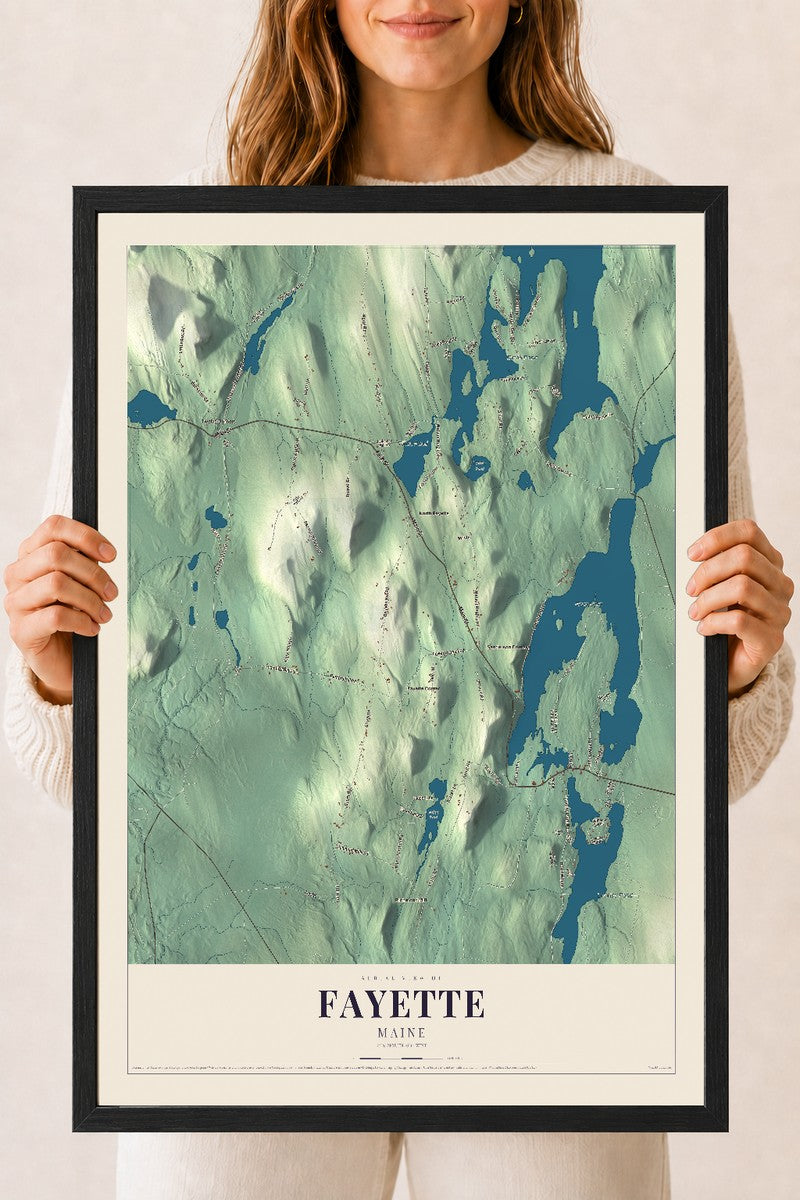 Fayette, Maine map print - 18 x 24 black Ayous wood frame