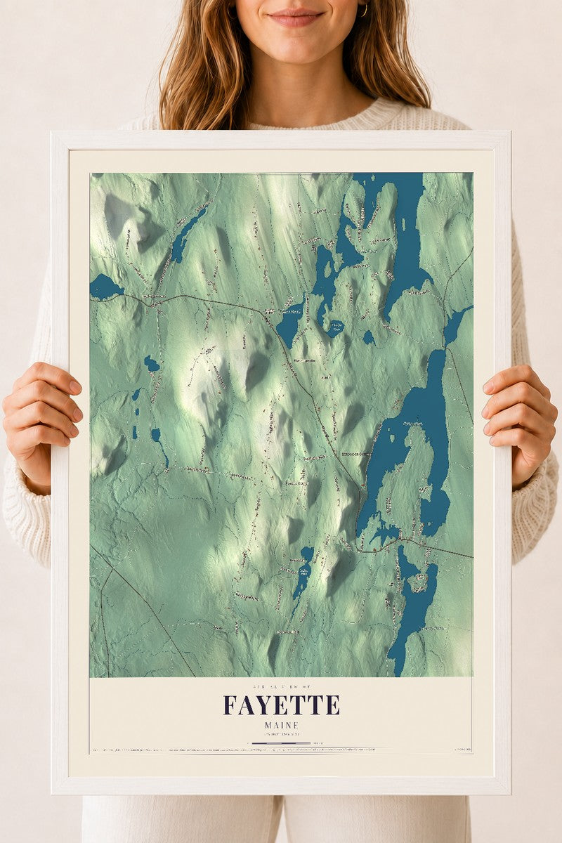 Fayette, Maine map print - 18 x 24 white Ayous wood frame