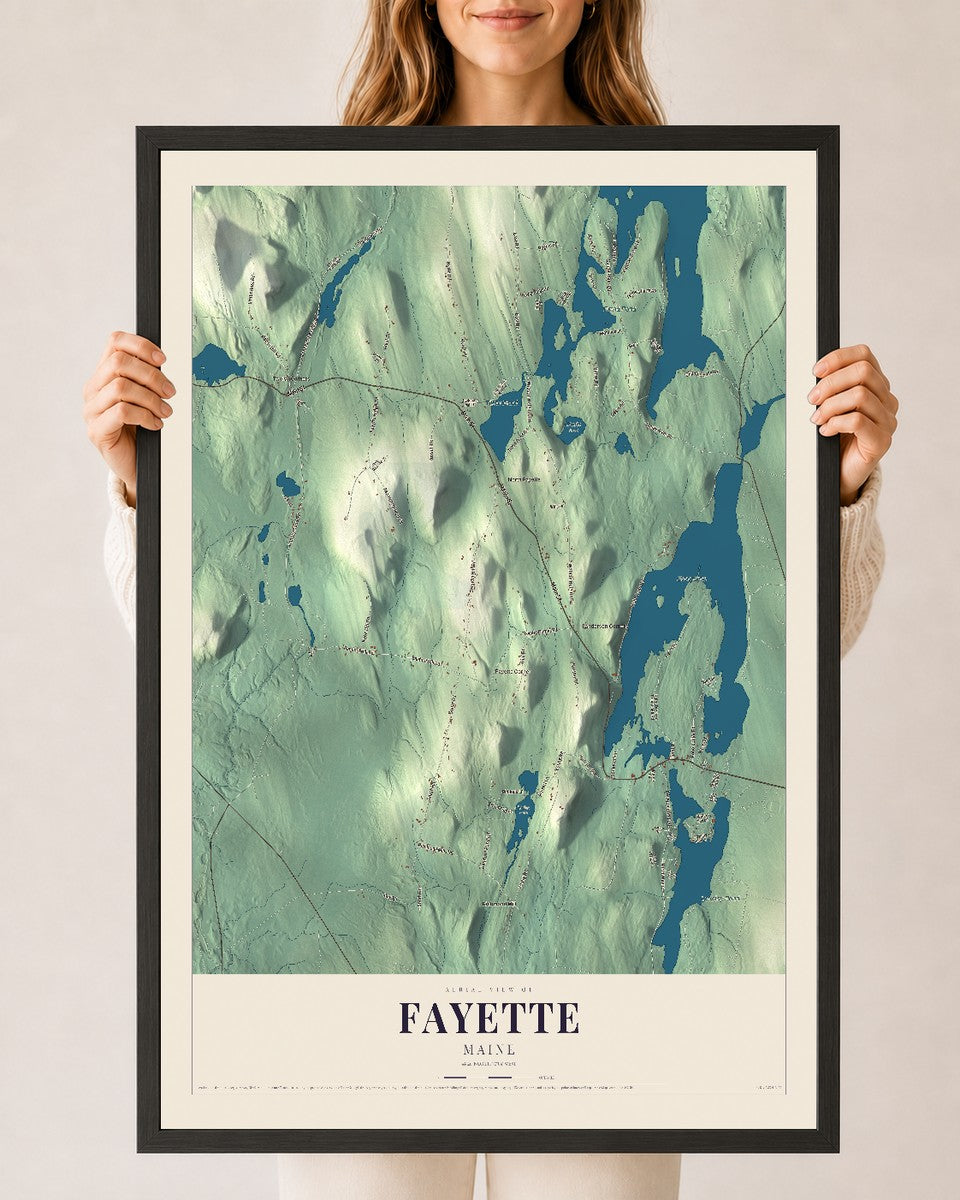 Fayette, Maine map print - 24 x 36 black Ayous wood frame