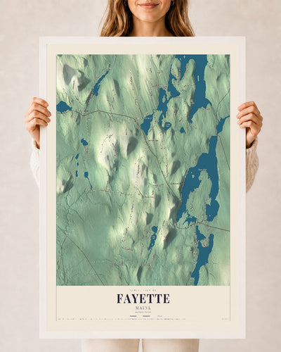 Fayette, Maine map print - 24 x 36 white Ayous wood frame