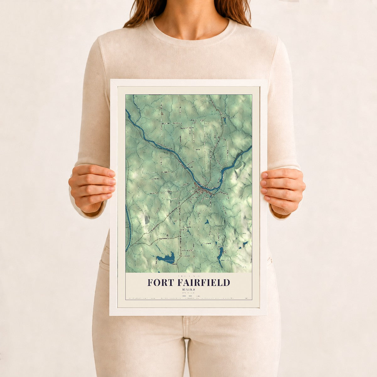 Fort Fairfield, Maine map print - 12 x 18 white Ayous wood frame