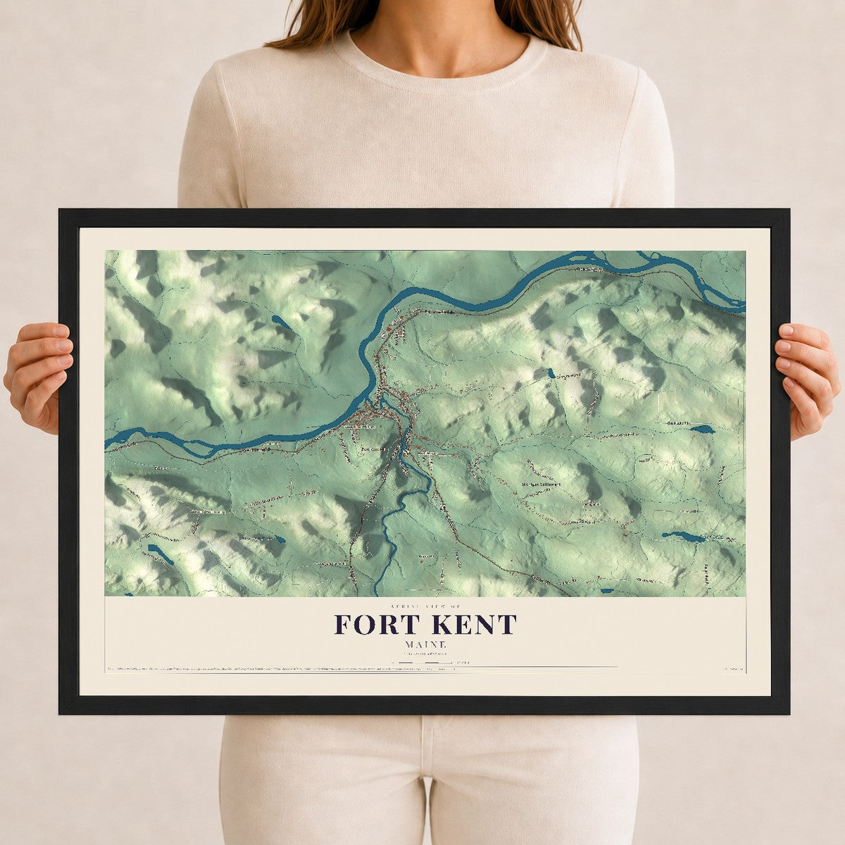 Fort Kent, Maine map print - 12 x 18 black Ayous wood frame