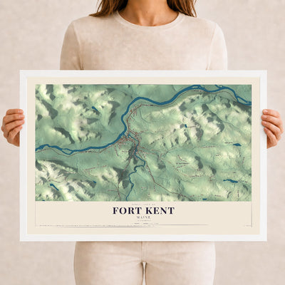 Fort Kent, Maine map print - 12 x 18 white Ayous wood frame
