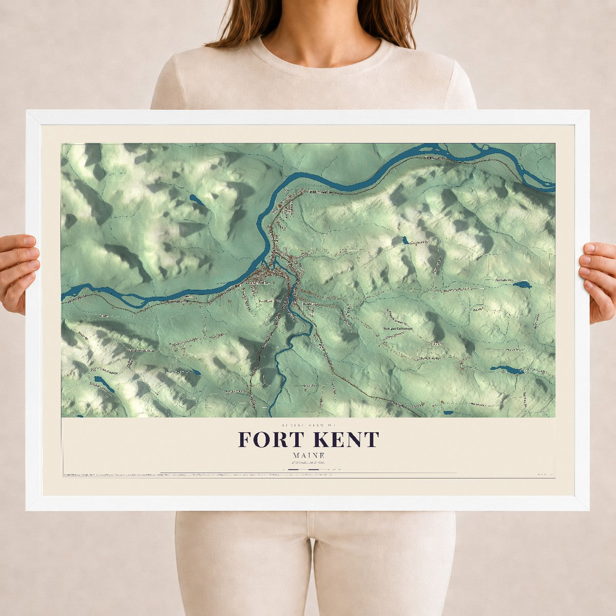 Fort Kent, Maine map print - 18 x 24 white Ayous wood frame
