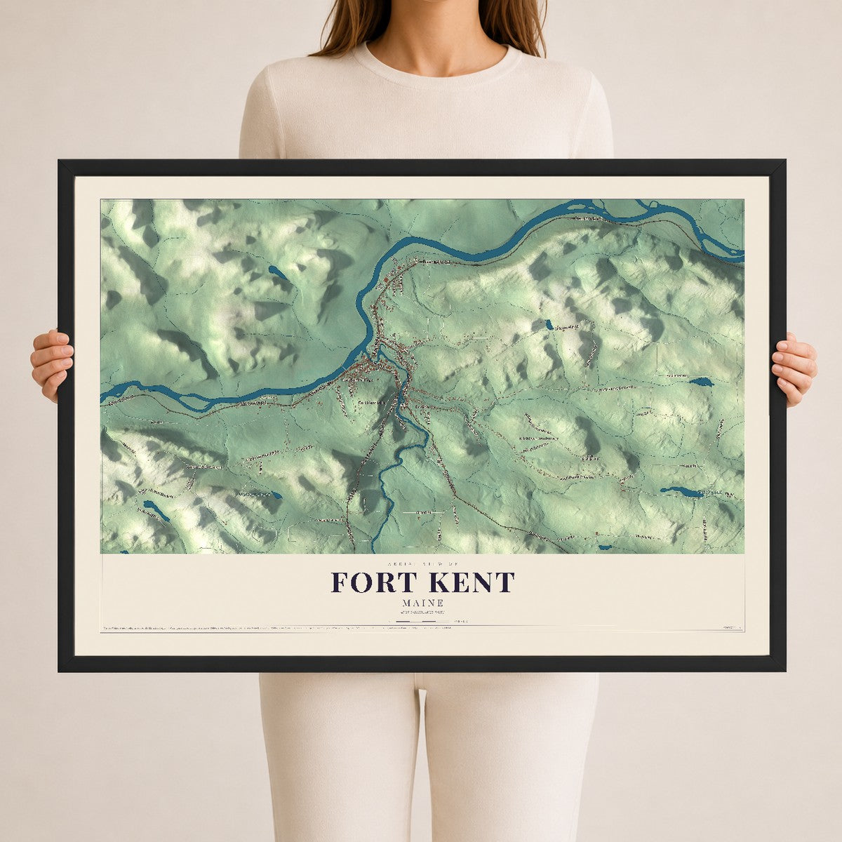 Fort Kent, Maine map print - 24 x 36 black Ayous wood frame