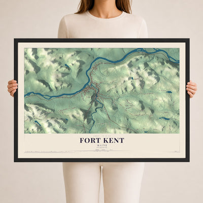 Fort Kent, Maine map print - 24 x 36 black Ayous wood frame
