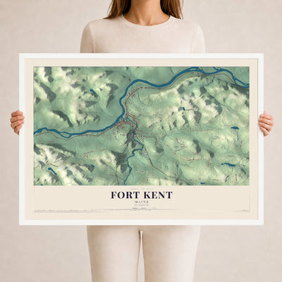 Fort Kent, Maine map print - 24 x 36 white Ayous wood frame