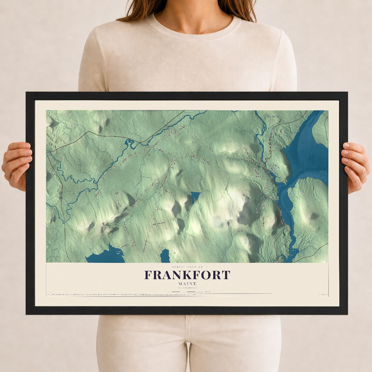 Frankfort, Maine map print - 12 x 18 black Ayous wood frame