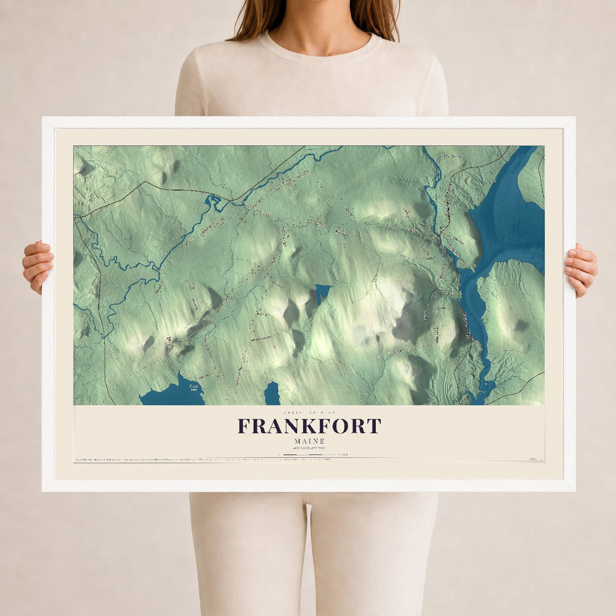 Frankfort, Maine map print - 24 x 36 white Ayous wood frame
