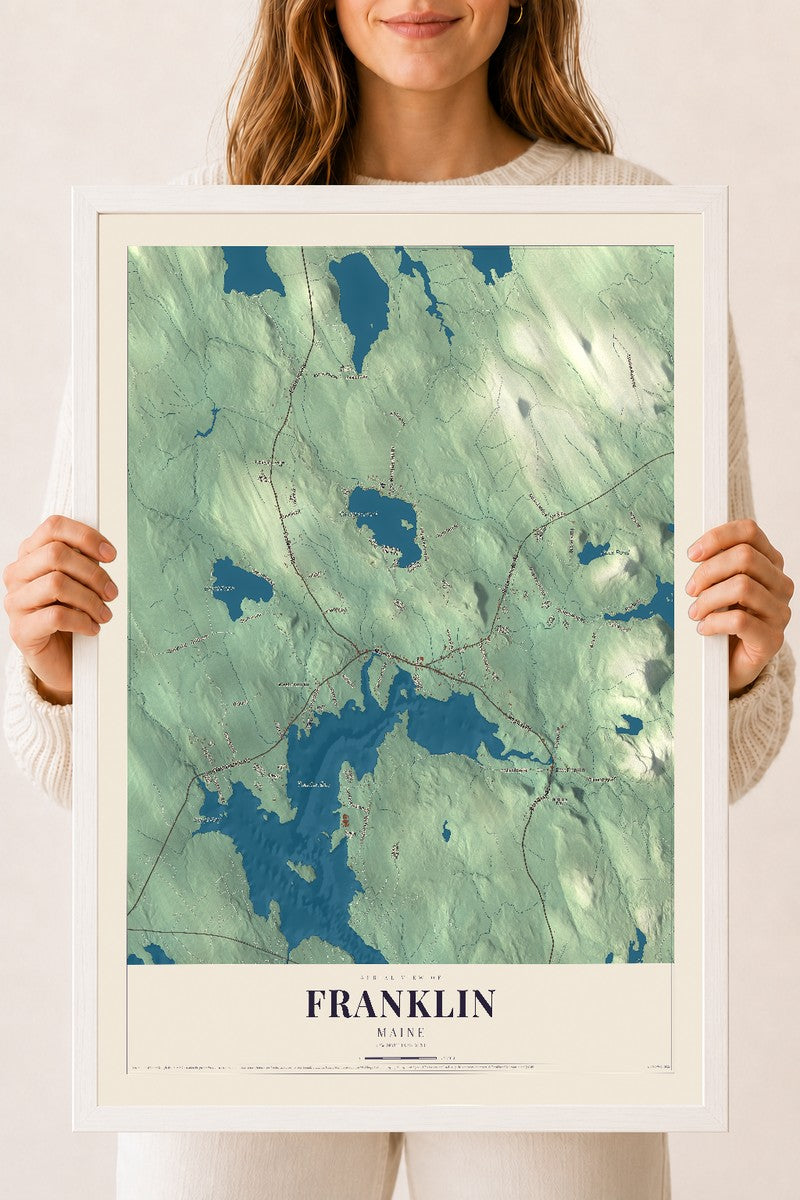 Franklin, Maine map print - 18 x 24 white Ayous wood frame