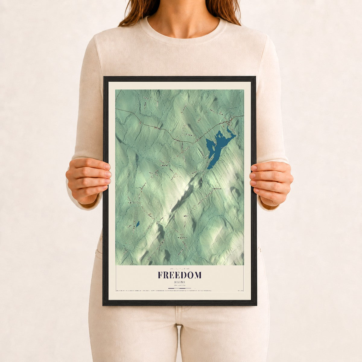 Freedom, Maine map print - 12 x 18 black Ayous wood frame