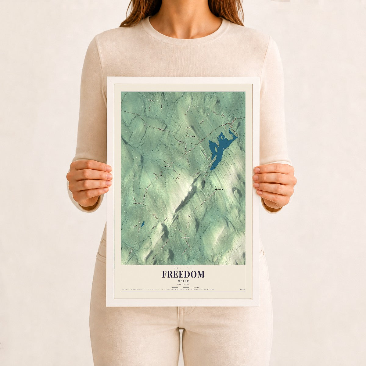 Freedom, Maine map print - 12 x 18 white Ayous wood frame