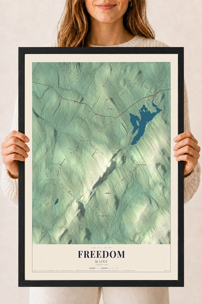 Freedom, Maine map print - 18 x 24 black Ayous wood frame