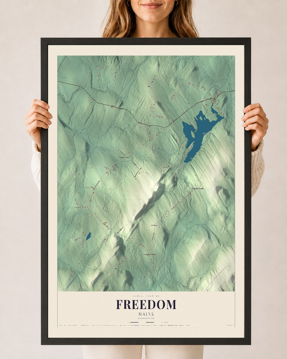 Freedom, Maine map print - 24 x 36 black Ayous wood frame